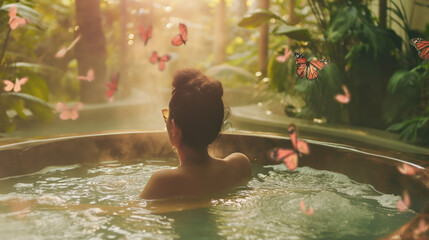 A girl relaxes in the bath, butterflies fly around her
