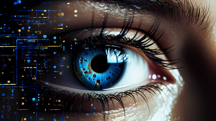Close-up of human eye with advanced cybernetic enhancements, symbolizing future vision technology