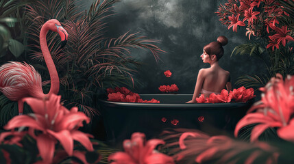 Girl lies in the bathtub next to her is a flamingo
