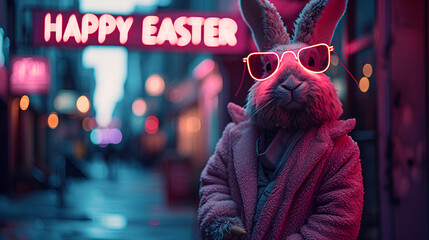 Illustration of a dressed up rabbit wearing sunglasses - banner sign that says “Happy Easter” - Holiday - bright colors 