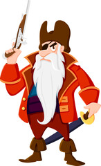 Cartoon sea pirate and corsair captain character with gun. Isolated vector rugged fearsome personage with tricorn hat, long white beard and eye patch, clutching a flintlock pistol, ready for adventure