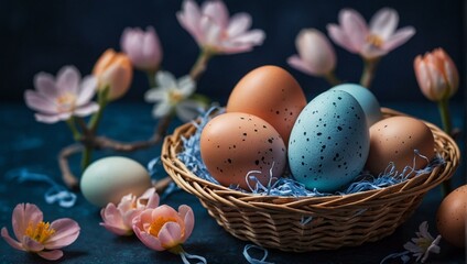 Naklejka na ściany i meble An easter-themed basket filled with beautifully decorated eggs and vibrant flowers, creating a festive and lively atmosphere perfect for the spring holidays