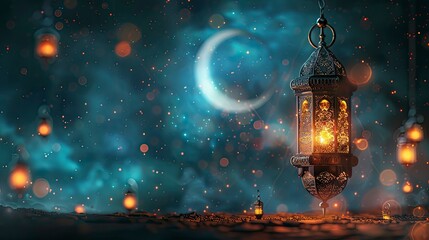 Islamic decoration background with lantern and crescent moon luxury style, ramadan kareem, mawlid, iftar, isra miraj, eid al fitr adha, muharram, copy space text area Eid Ul Fitr - generative ai - obrazy, fototapety, plakaty