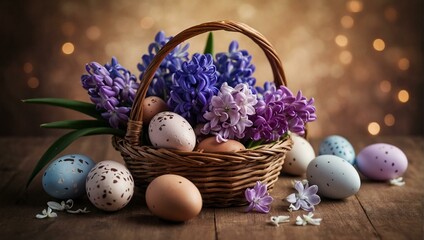 Fototapeta na wymiar A vibrant still life captures the joy of easter with a basket of purple flowers and colorful eggs nestled among lush hyacinths