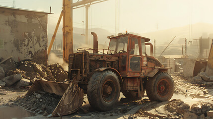 Fototapeta premium heavy Bulldozer machine wheel loader on construction. Generative AI illustration 