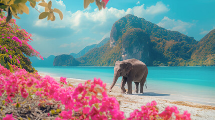 An elephant walks on the beach of the turquoise sea
