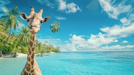 Giraffe walks on the beach of the turquoise sea
