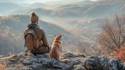 A male tourist with a dog sits on the edge of a cliff and watches nature
 - obrazy, fototapety, plakaty