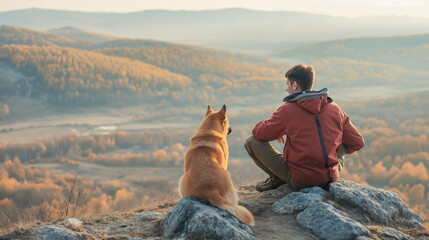 A male tourist with a dog sits on the edge of a cliff and watches nature
