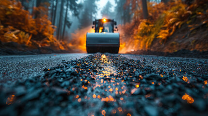 A road roller is grinding a road under construction. with meticulously controlled engineers,generative ai - obrazy, fototapety, plakaty