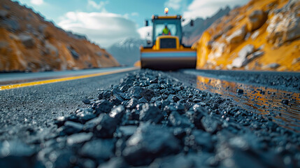 A road roller is grinding a road under construction. with meticulously controlled...