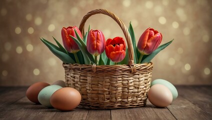 Obraz premium A charming still life of easter delights, featuring a vibrant basket overflowing with red tulips and colorful eggs, displayed in a rustic vase against a wall adorned with a delicate plant