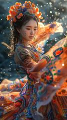 a beautiful Hmong girl dancing, tribal ball gown based on Hmong fashion, dunhuang mural,lsd fairy dancing,generative ai