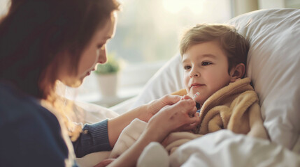 Mother caring for sick son lying in bed

