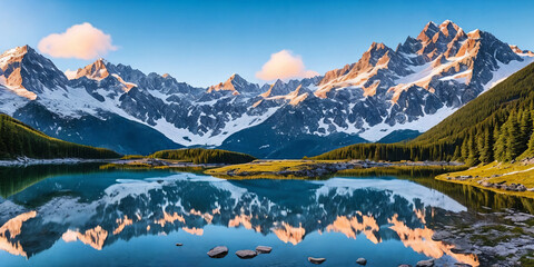 A lake in the foreground reflects a majestic snow-capped mountain in the background. Generative AI