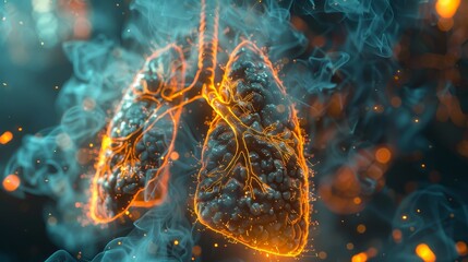 Futuristic visualization of smoke particles attacking lung cells with a digital shield activating to protect them - obrazy, fototapety, plakaty