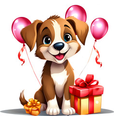 Cute puppy sitting in presents and balloons. Cartoon character