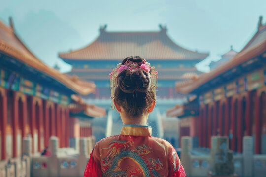 Chinese Girl In Traditional Dress Smiling At China Temple