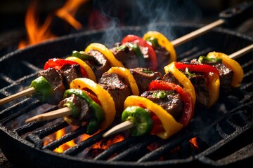 Juicy meat and colorful vegetables sizzle on a smoky grill, creating a mouth-watering dish perfect for a summer barbecue feast