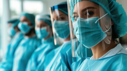 Surgeons Team Wearing Protective Uniforms, Standing In Row And Looking At Camera - 740492795