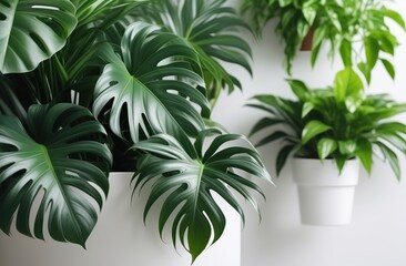 Composition of green houseplants on a white wall 