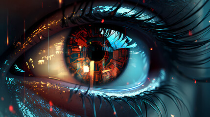 Fototapeta na wymiar Close-up of human eye with advanced cybernetic enhancements, symbolizing future vision technology