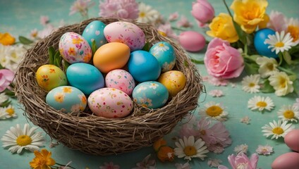 Fototapeta na wymiar A vibrant springtime scene bursting with easter cheer, featuring a charming nest adorned with colorful eggs and blooming flowers