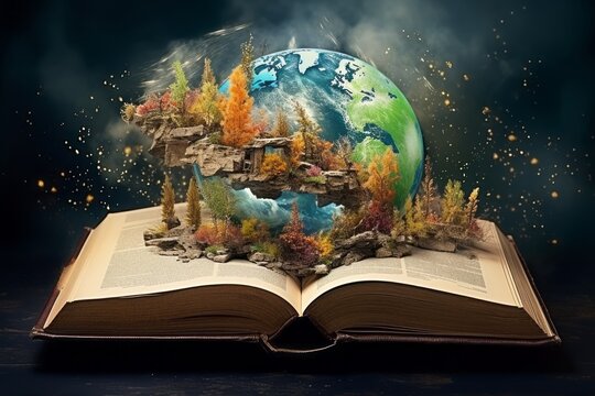 Futuristic image of an open book and planet earth hovering above it