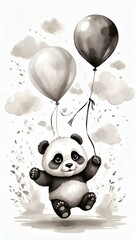 Naklejka premium A playful panda floats through the clouds, clutching a bouquet of colorful balloons as if to soar to new heights in a whimsical cartoon illustration