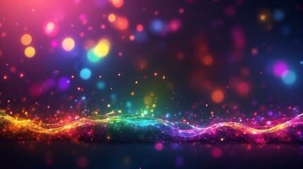 A vibrant explosion of color and light, as magenta, purple, and violet dots dance across a blurred rainbow background - obrazy, fototapety, plakaty