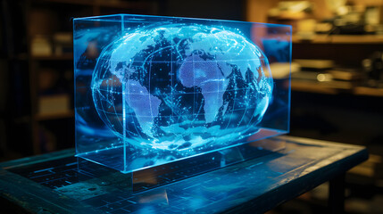Obraz premium A vivid neon hologram graphic of the wider world is floating in the box on a table with dark background. Blue color tone.