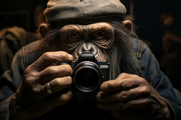 chimpanzee monkey holds a camera in his hands and takes pictures. - obrazy, fototapety, plakaty