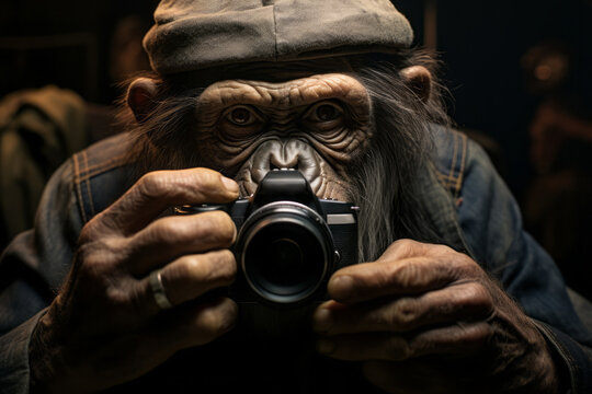chimpanzee monkey holds a camera in his hands and takes pictures.