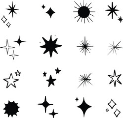 Line star glitter shine of doodle set. Star shine glow, spark glitter, sparkle light vector illustration