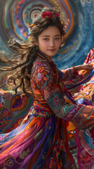 a beautiful Hmong girl dancing, tribal ball gown based on Hmong fashion, dunhuang mural,lsd fairy dancing,generative ai