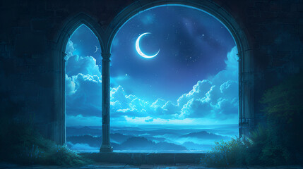 Mystical window with crescent moon in the night sky, generative ai