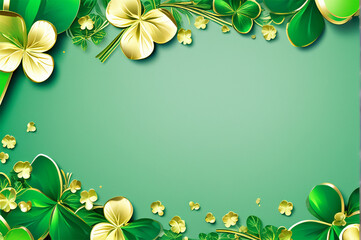 A green background is adorned with gold shamrocks and flowers.

