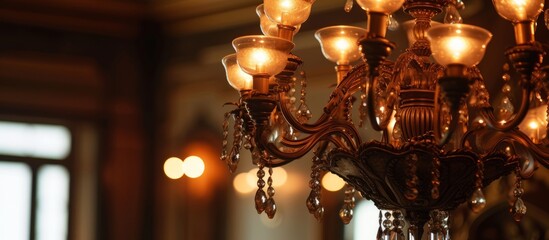 A decorative chandelier made of glass and metal hangs from the ceiling in a room, casting a warm light and adding an elegant touch to the buildings interior