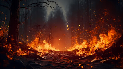 Flame illustration, fire burning and glowing particles