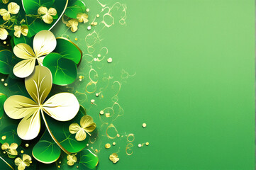 A green background is adorned with gold shamrocks and flowers.
