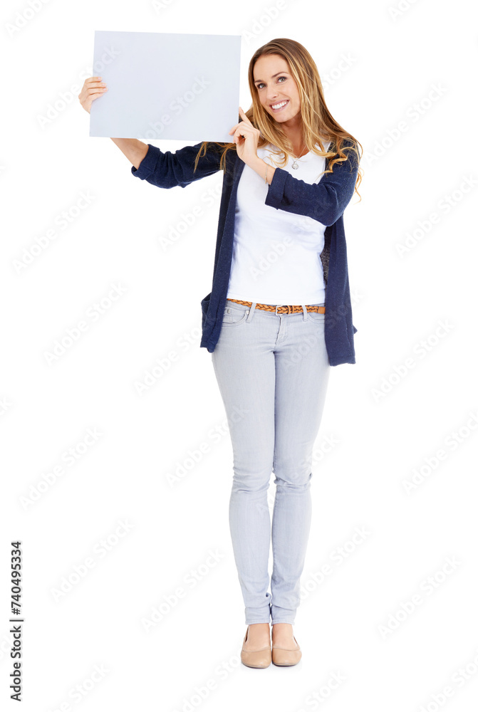 Poster Presentation, blank poster and portrait of woman in studio for deal, promo or happy news mockup. Signage, offer and girl with announcement on sign, opinion or info on cardboard with white background.