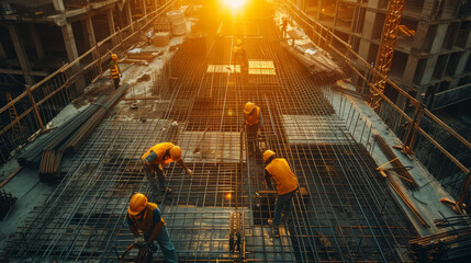 Fototapeta premium Construction workers fabricating steel reinforcement bar at the new modern construction site,generative ai