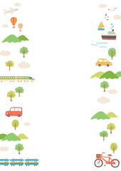 乗り物と山と木の風景のイラスト