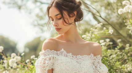 Fototapeta premium A romantic offtheshoulder dress in a delicate lace fabric inspired by antique doilies and handcrafted using traditional lacemaking techniques. Perfect for a summer wedding