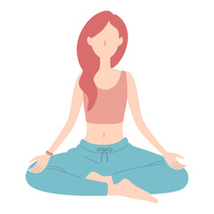 Vector illustration of a woman working on mindfulness meditation. A person doing yoga is sitting cross-legged.