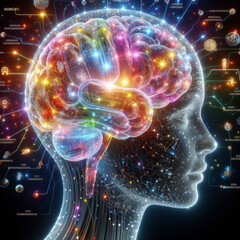 A colorful, illuminated human brain within a silhouette, surrounded by icons symbolizing data and connections. The vibrant colors suggest complex cognitive processes or artificial intelligence. 