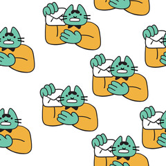 seamless patterns with business icons in vector in flat style. illustration of human cats character. Template for backdrop, background, banner, wallpaper, wrapping, print, textile, fabric