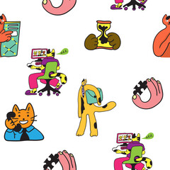 seamless patterns with business icons in vector in flat style. illustration of human cats character. Template for backdrop, background, banner, wallpaper, wrapping, print, textile, fabric