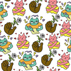 seamless patterns with icons in vector in flat style. Love ecological therapist. illustration of human cats characters. Template for backdrop, background, banner, wallpaper, wrapping, print, textile, 