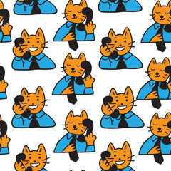 seamless patterns with business icons in vector in flat style. illustration of human cats character. Template for backdrop, background, banner, wallpaper, wrapping, print, textile, fabric